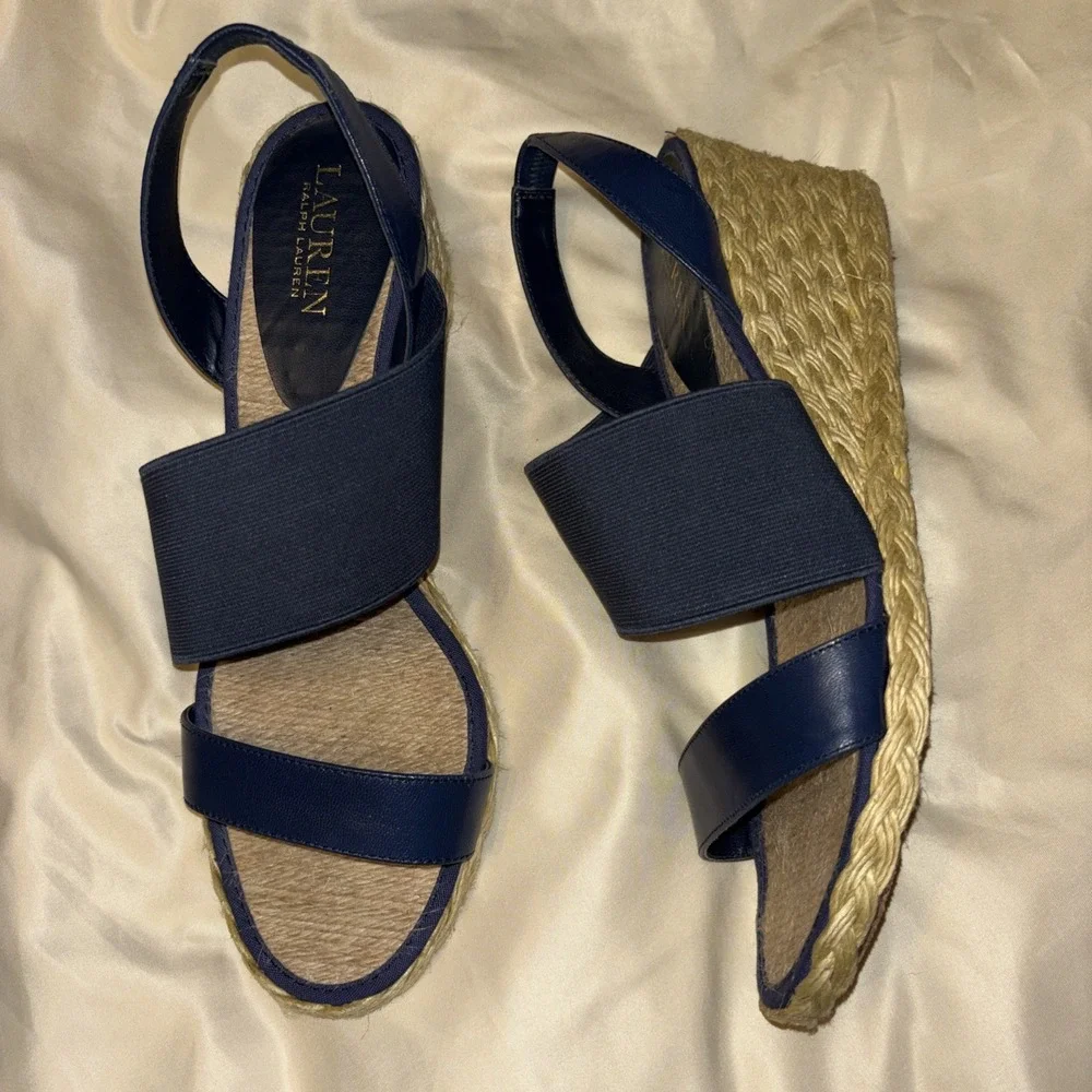 LRL Ralph Lauren 10 B Carminda Navy Blue Wedge Sandals Espadrille Jute Slingback